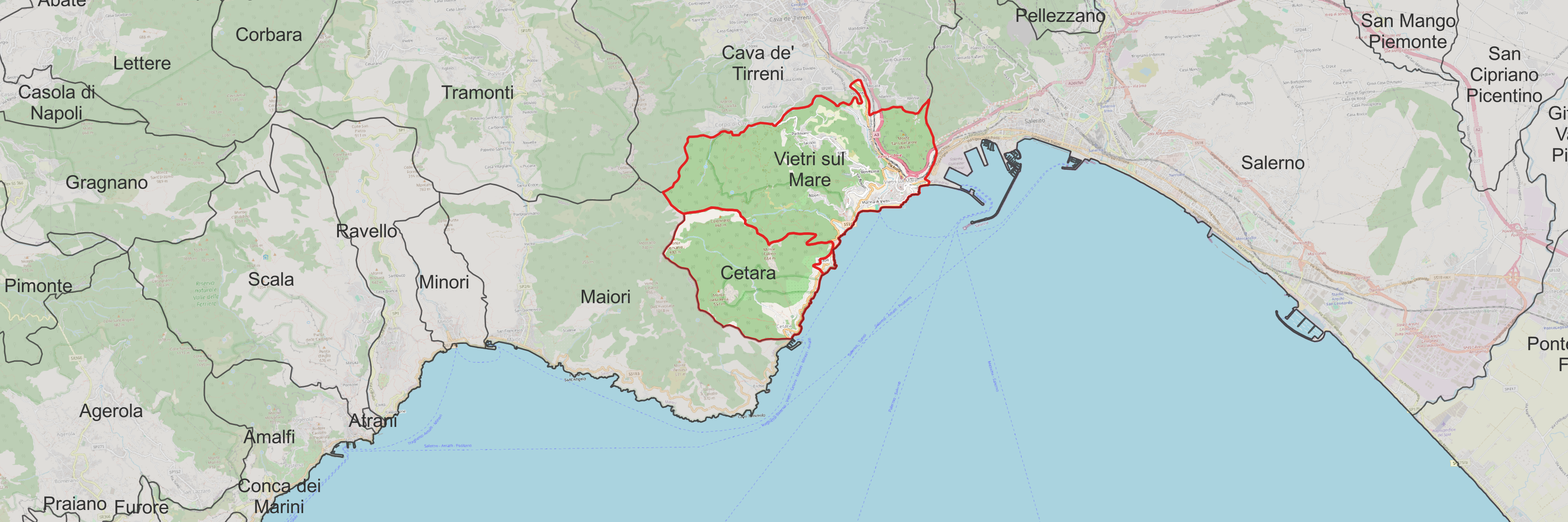 mappa con evidenza su vietri sul mare e cetara