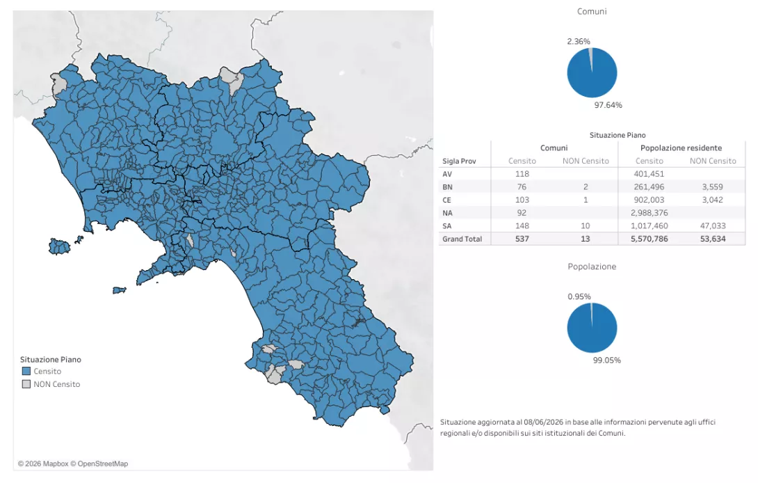 mappa campania con comuni dotati di piano e informazioni riepilogative